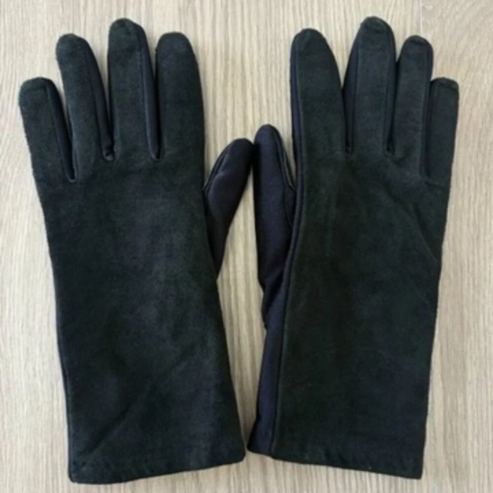Black Genuine Leather Suede Gloves Stretch Lined Womens One Size Classic Winter